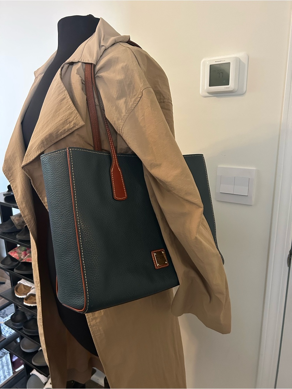 Dooney & Bourke Teal Pebbled Leather Tote with Brown Trim - Picture 6 of 9